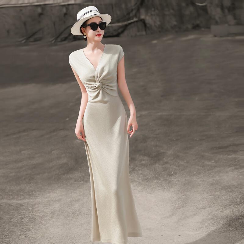 French Style Elegant V-Neck Midi Dress with Twisted Waist