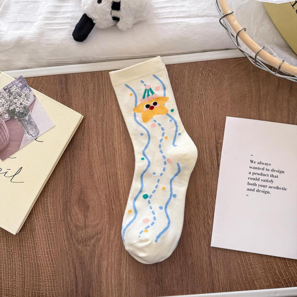 Women's Cute Puppy Mid-Calf Socks - Spring/Summer Academy Style with Japanese Cartoon Star Design - Korean Student Cotton Socks