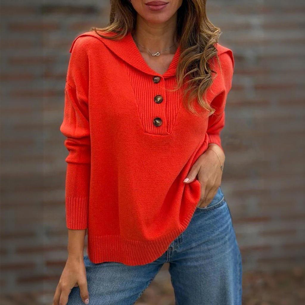Women's Long Sleeve Sweater with Button Down Collar Loose Fit Color Casual Pullover