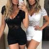 Women Jumpsuit Solid Color Hidden Zipper Slim Fit See-through Lace Summer Romper Party Clothes