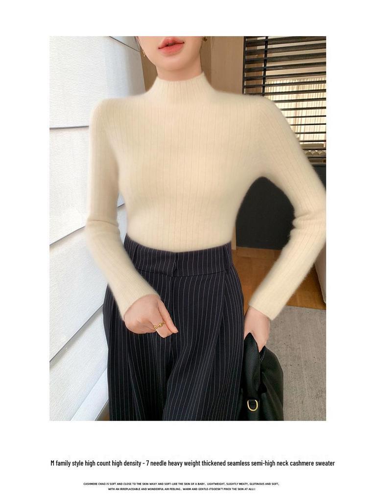 Premium Cashmere Rib-Knit Women's Slim-Fit Warm Sweater - Semi-High Neck, Thickened for Autumn & Winter.