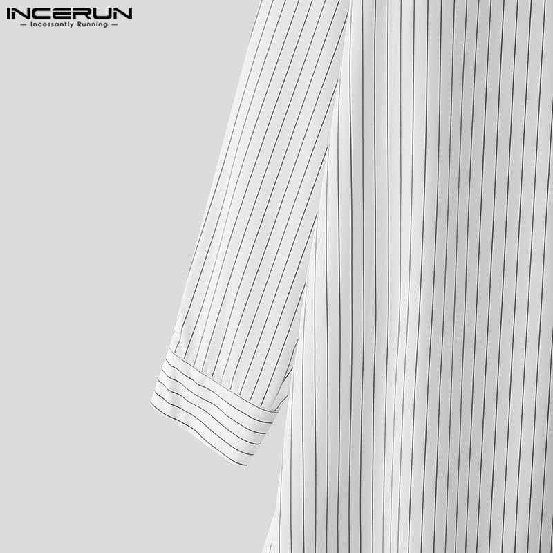 INCERUN Oversized Men Lapel Neck Long Sleeve Striped Loose Long Tunic Casual Shirts