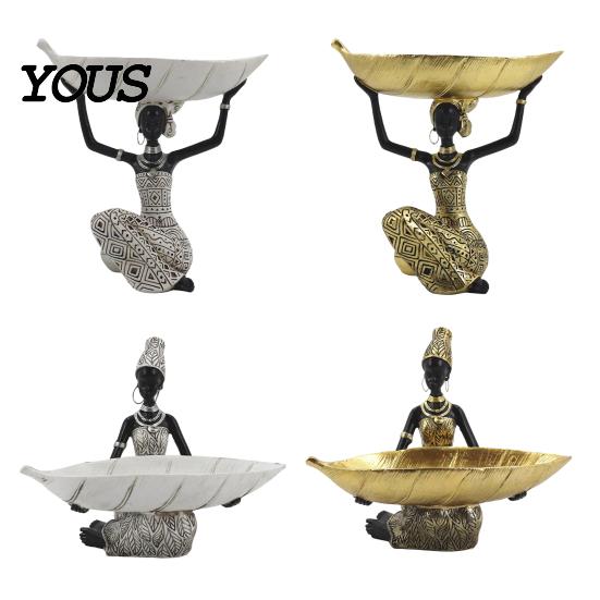 Jewelry Snack Tray African Woman Figurine with Head Tray, Black & White Tribal Ethnic Pattern Resin Statue, Overhead Key Holder Dual-Function Storage