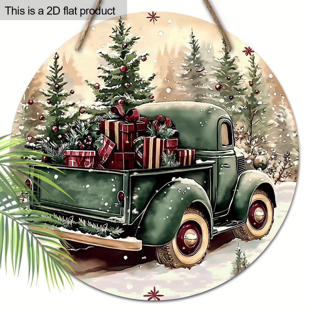 Christmas Wooden Sign with Vintage Pickup Truck Pattern, Warm Winter Round Sign for Front Door Wall Hanging Decor, Ideal Christmas Decoration