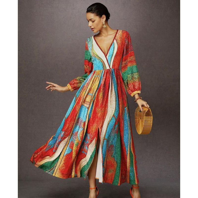 

Spring & Fall Women s Clothing V Neck Print Fashion Elegant Long Dress Red S