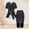 Women Plus Size Two Piece Skirt Set Round Neck Short Sleeve Floral Printed Tie Waist Top Fitted Skirt
