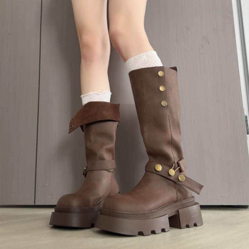 Winter Vintage Platform Thick Sole Woman Suede Knight High Boots Concise Belt Buckle Shoes Ladies Slip On Slim Modern Long Botas