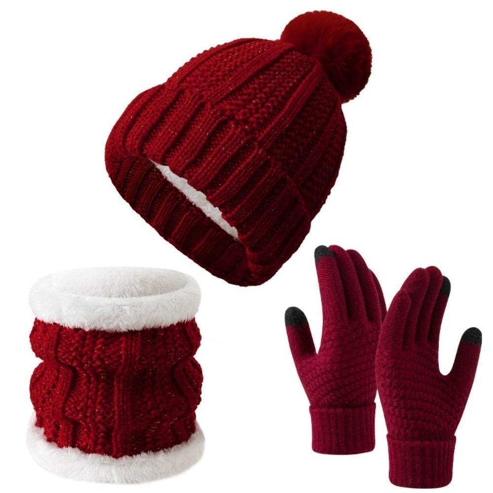 3pcs Soft Solid Color Hat Scarf Gloves Set Cute Pompom Thickened Knitted Hat with Velvet Keep Warm Beanie Hat Kids
