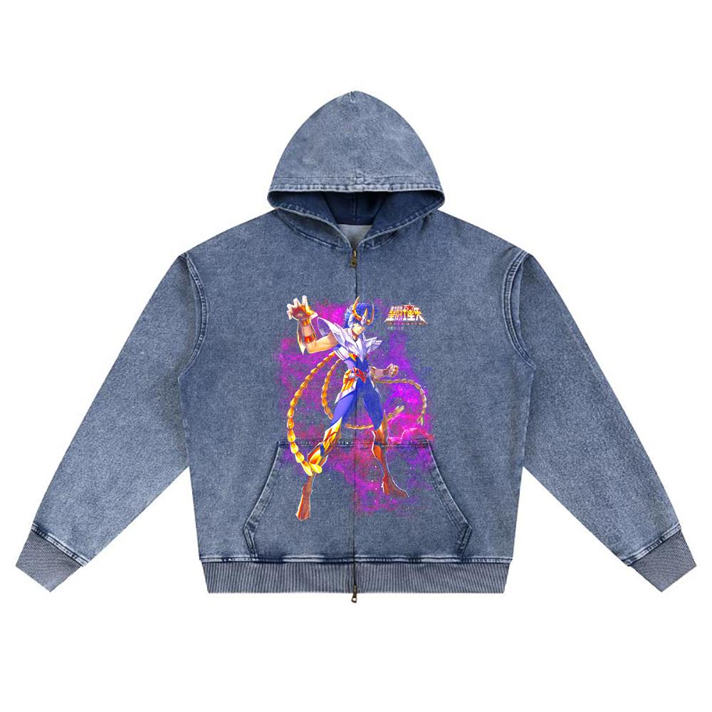 DTG Print Knitted Denim Zip-Up Hoodie Caballero Fenix Brother Print Zipper Hoodies  
