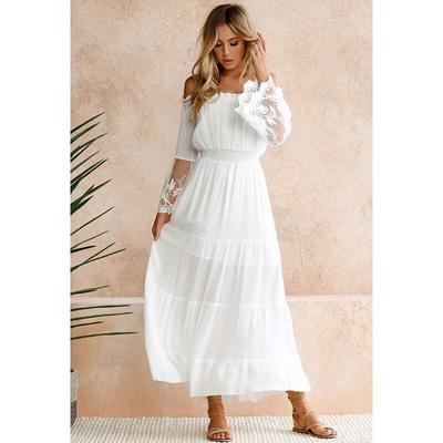 Vestido blanco elegante con hombros descubiertos, vestido largo con costuras de encaje y malla para mujer, vestido de manga larga a la moda para fiesta con cuello oblicuo 24830
