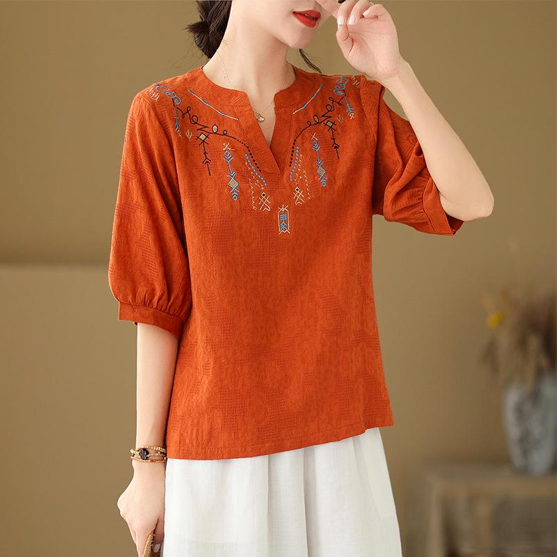 

Women s Artistic Embroidered Short Sleeve Loose Plus Size T-Shirt (2026 Model) L помаранчевий