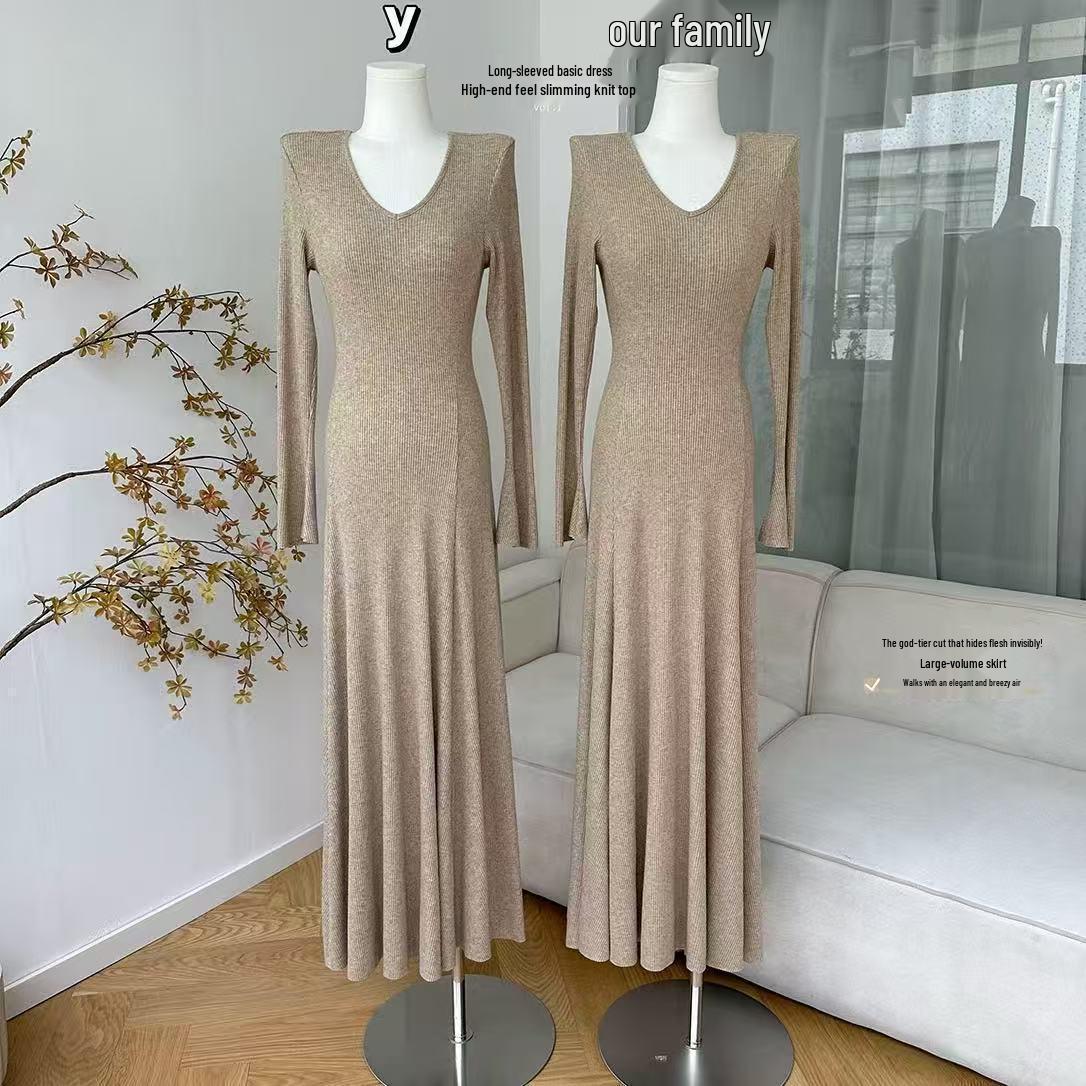 

Women s V-Neck Long-Sleeve Knit Dress - Spring/Fall Slim-Fit Waist-Cinching Versatile Style XS 80-95 lbs, Petite Length 120CM