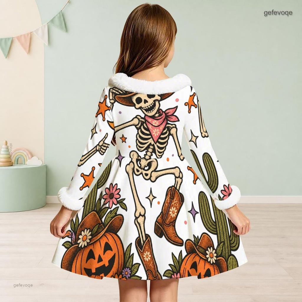 Girls High Neck Long Sleeve Pumpkin Crow Rose Printed A Line Dress