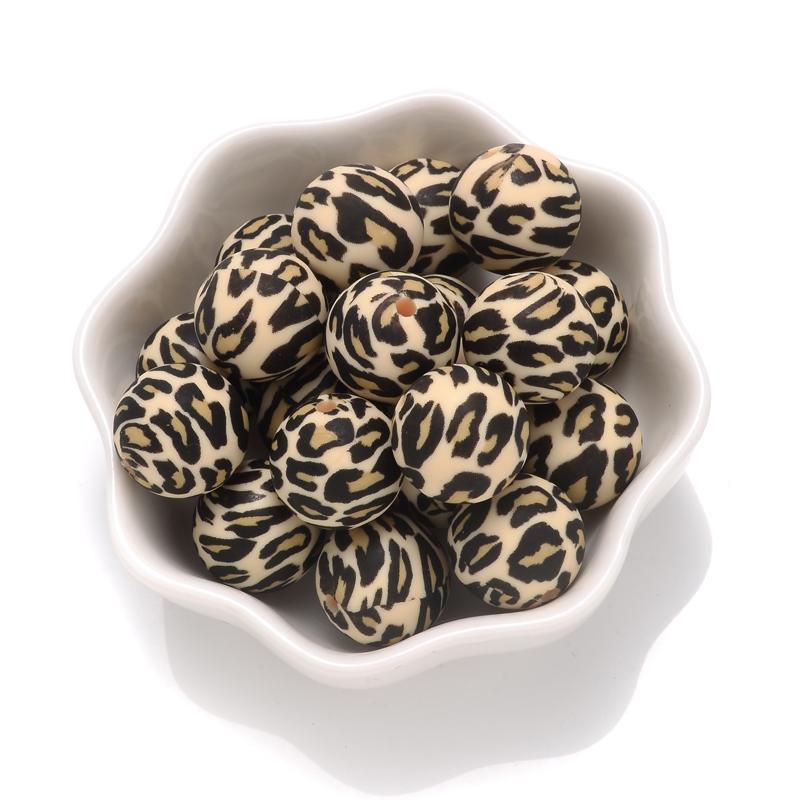 10Pcs 15mm Colorful Print Leopard Pattern Silicone Beads Ball Shape Teething Jewelry Beads For Teether Pacifier Chain Necklace