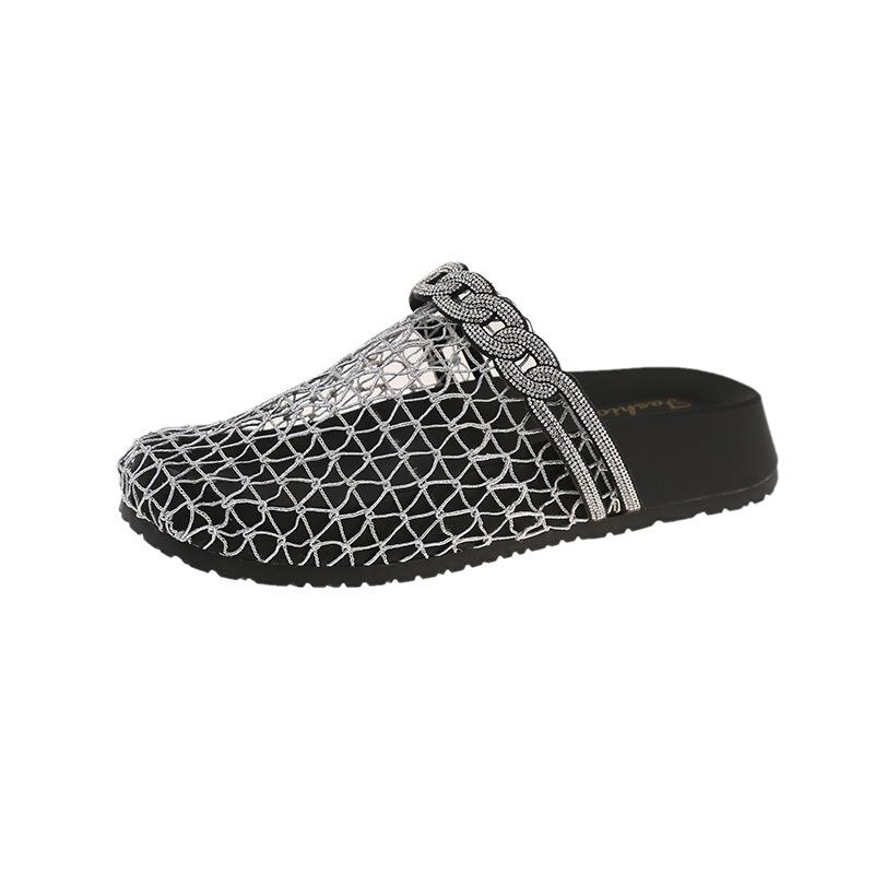 Retro woven fishing net cool slippers women's outer wear 2025 summer new rhinestone thick bottom word with bag head half slippers
