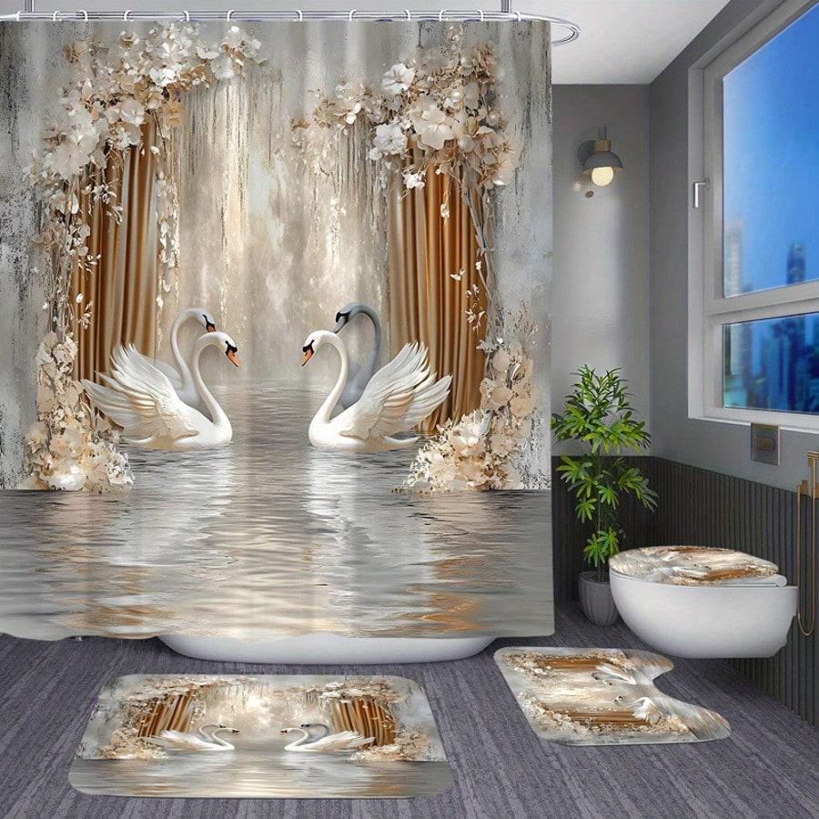 4 Pieces Swan Pattern Bathroom Suit, High End Elegant White Swan Design, Polyester Shower Curtain, Decorative Bath Mat