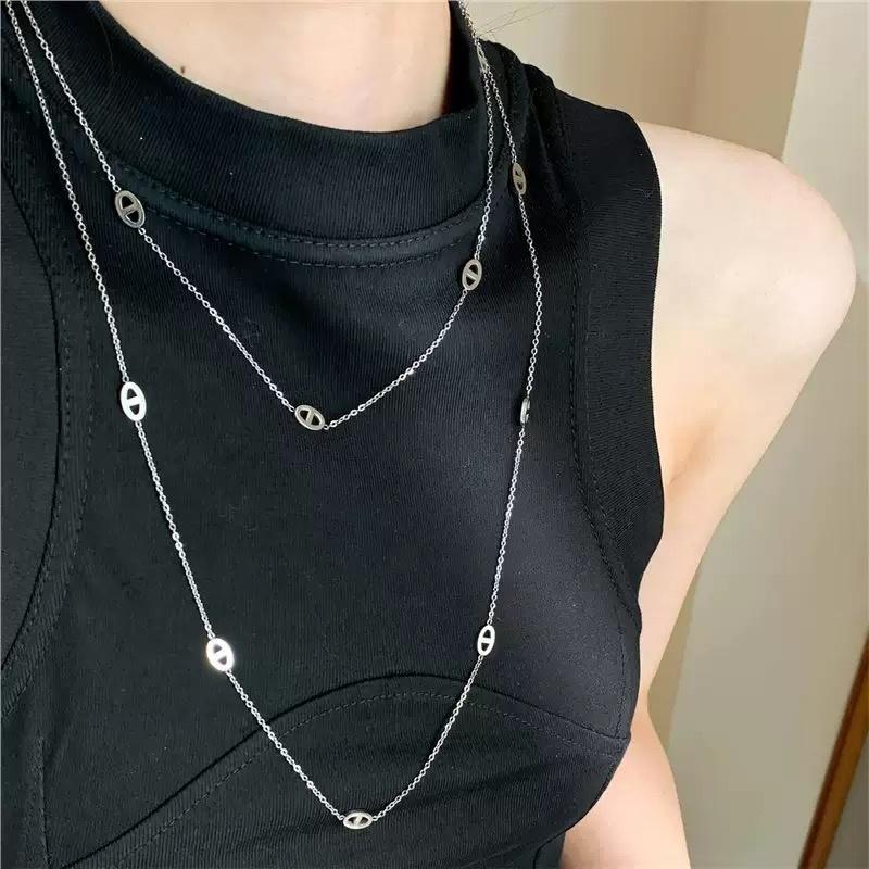 Simple Stacking Pig Nose Fashion Silver Metal Long Necklace Sweater Chain