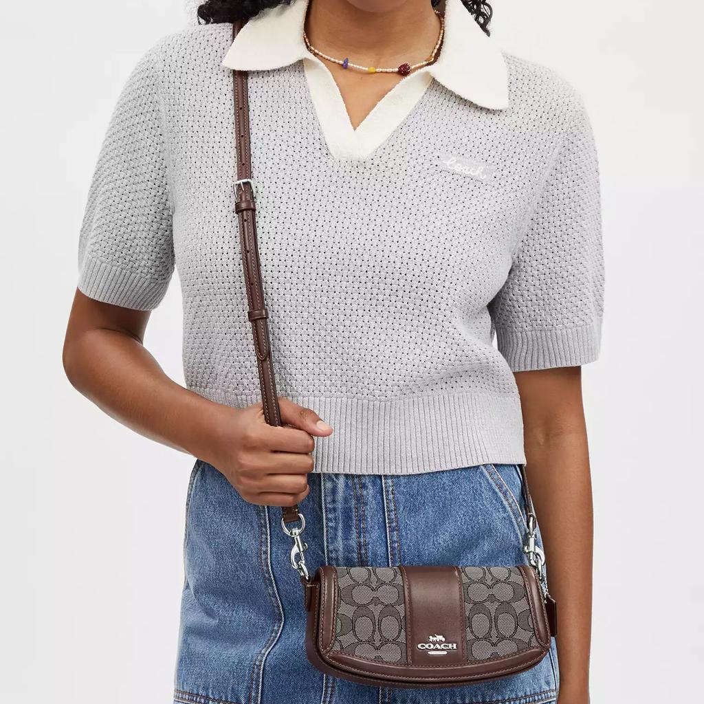 Coach Andrea 21 Metallic Logo Signature Jacquard Trimmed Leather Handbag Women handbags Brown CU985-SVS8S
