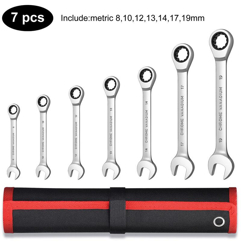 Ratcheting Combination Wrench Set, 8-22mm Metric Flex Head Ratcheting Wrench, Chrome Vanadium Steel Spanner with Bag