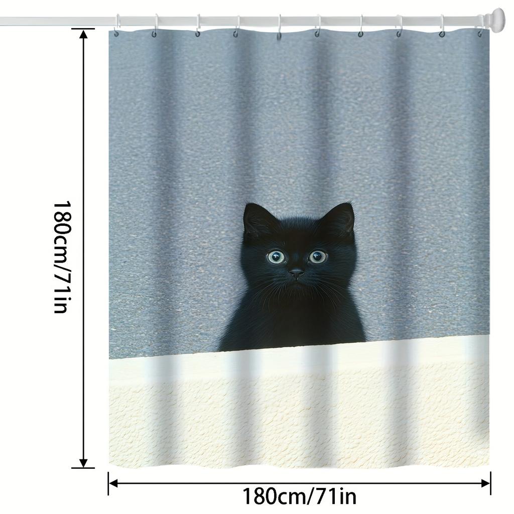Cute Cartoon Black Cat Shower Curtain - Artistic Bathroom Decor With Hooks (Machine Washable)