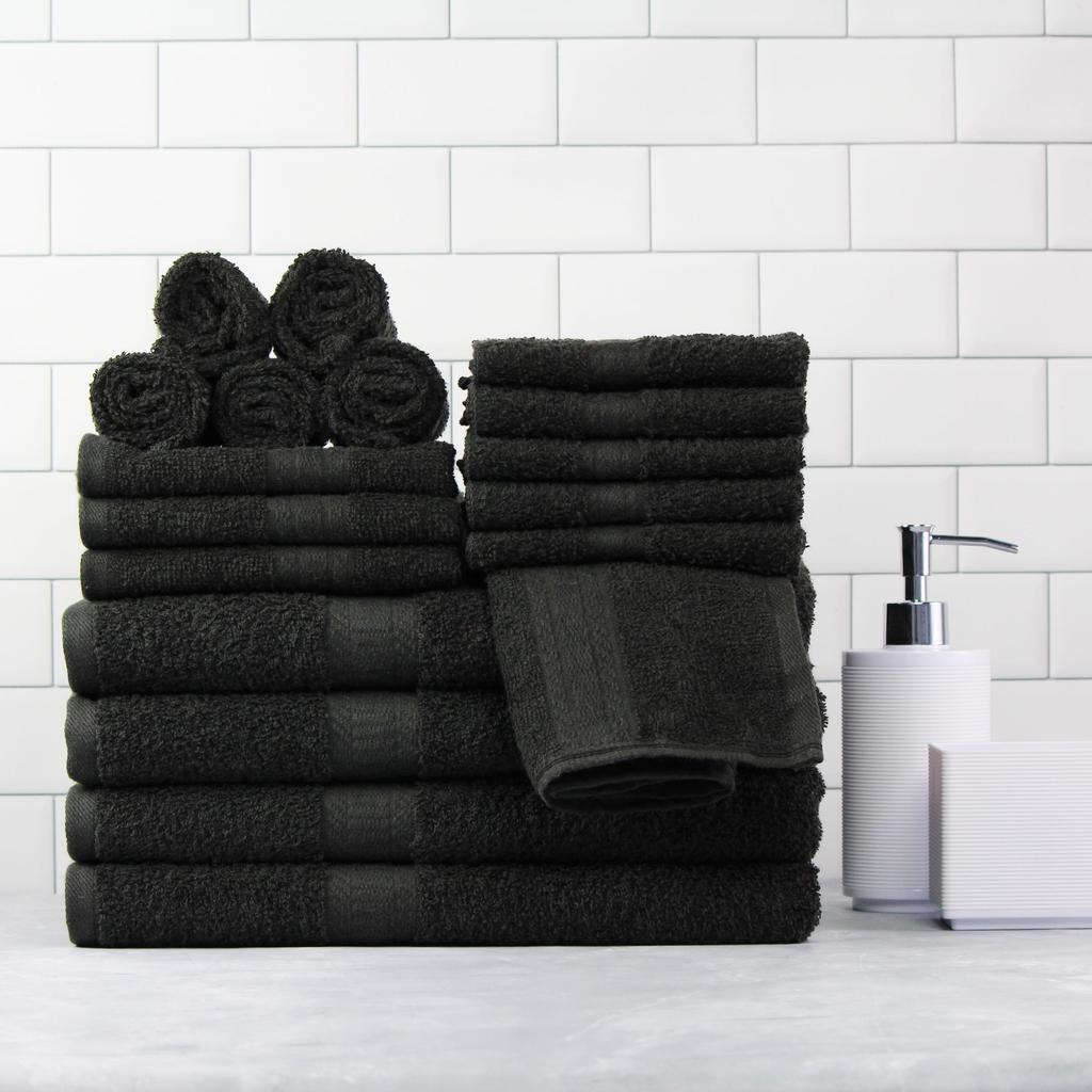 18 Piece 100% Cotton Towel Set, 4 Bath , 4 Hand and 10 Washcloths, Super Soft and Highly Absorbent Basic Solid Towel Set,Black