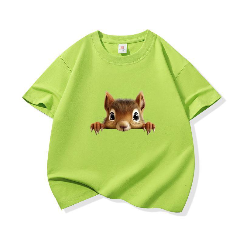 Kids Cotton T Shirt Cute Peeking Squirrel Print Crew Neck Short Sleeve Tee Casual Breathable Boys Girls Summer Tops