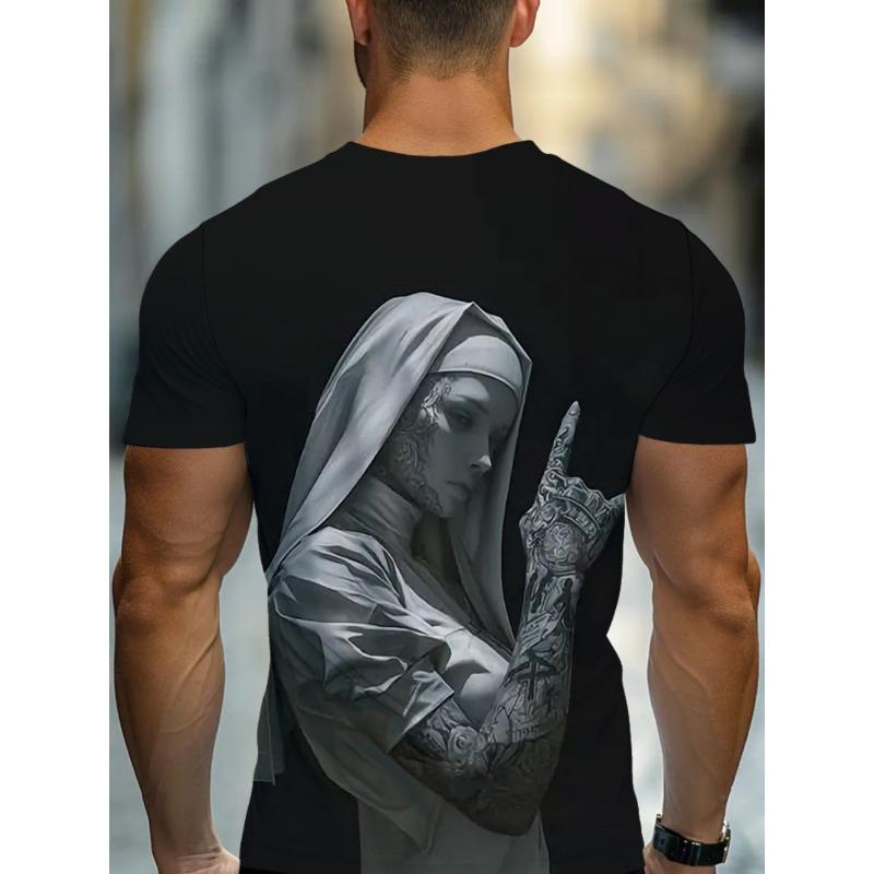 Nouveau T-shirt Homme Impression Nonne 3D Décontracté Col Rond Léger et Respirant Court