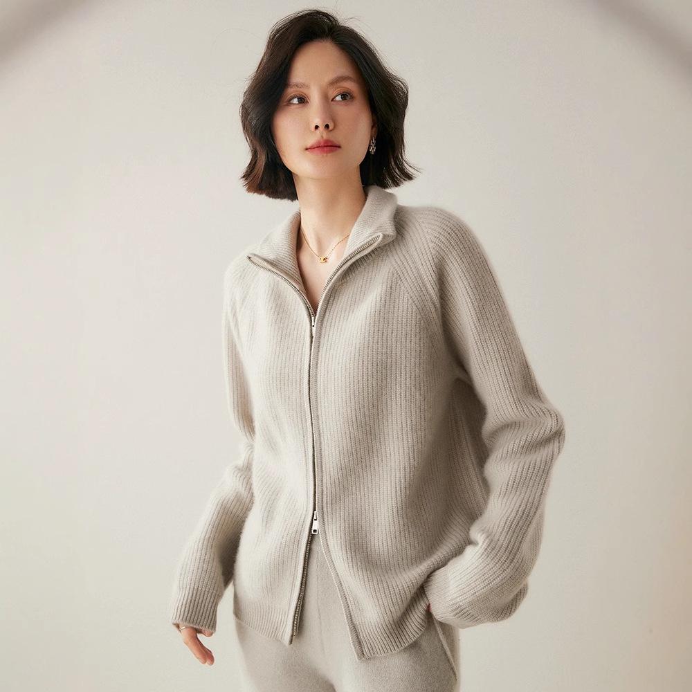 Women's Long Sleeve Cashmere Knit Zipper Cardigan - Cozy Lapel Sweater Outerwear