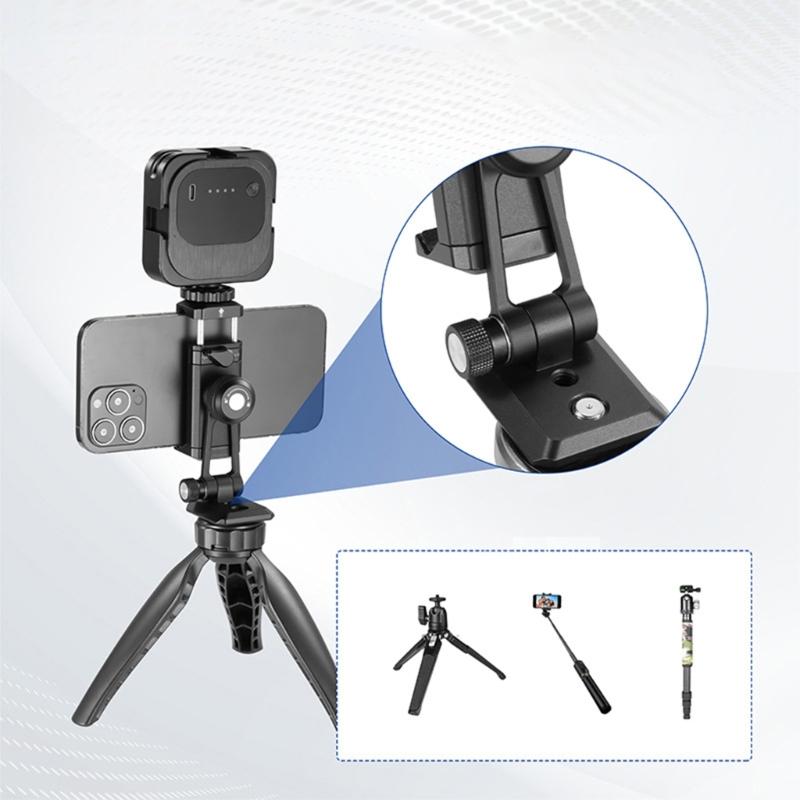 Adjustable Cell Phones Clip Clamp Holder for Photography Built-in Double Cold Shoe Mount Support 360 Degree Rotation