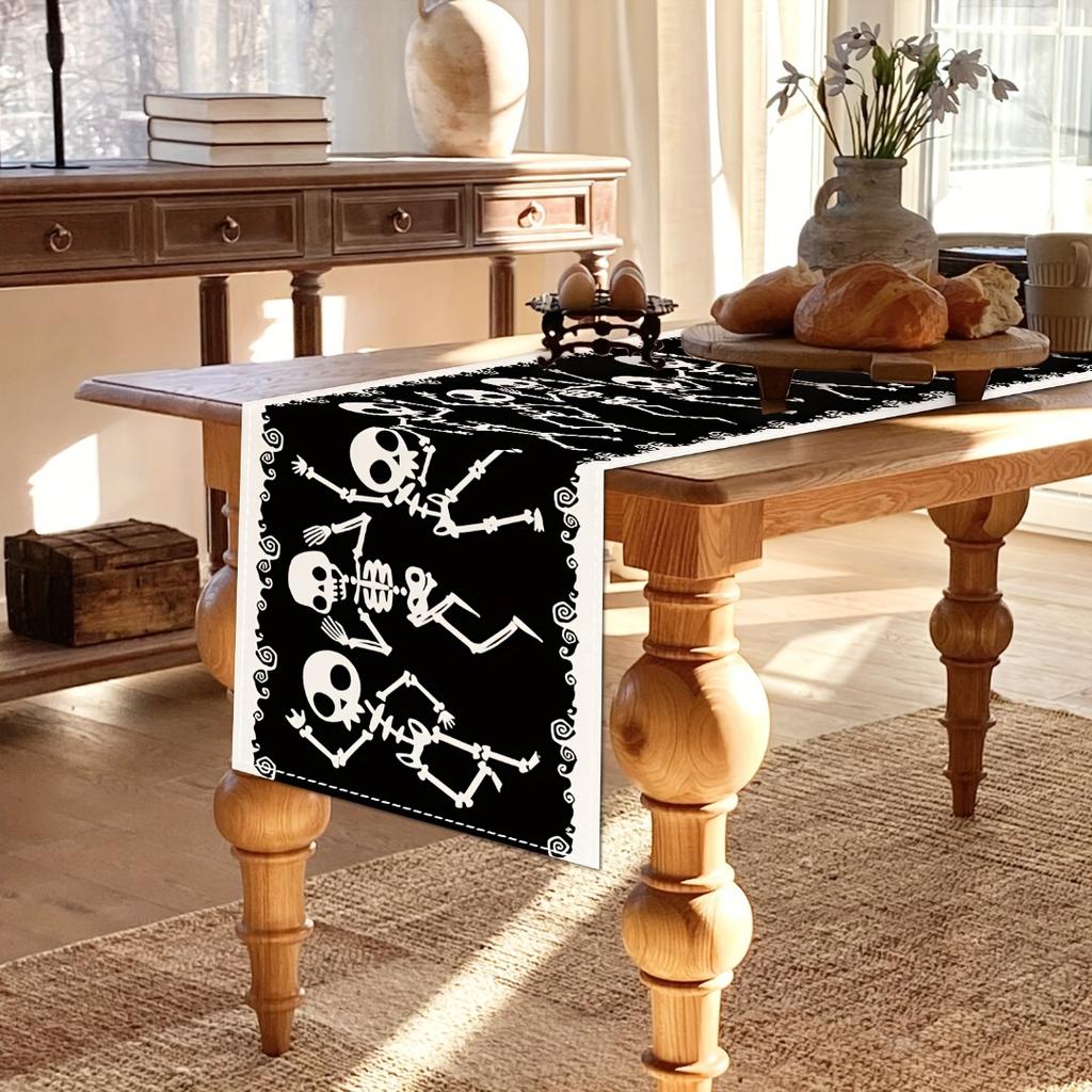 1pc Black Halloween Table Runner Skeleton Printed Table Runner Waterproof Durable Tablecloth for Halloween Home Party Decoration
