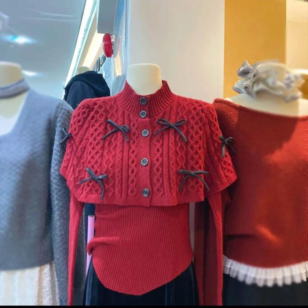 Maillard Style Women's Slim Fit Poncho Cape Bow Knitwear for Autumn/Winter