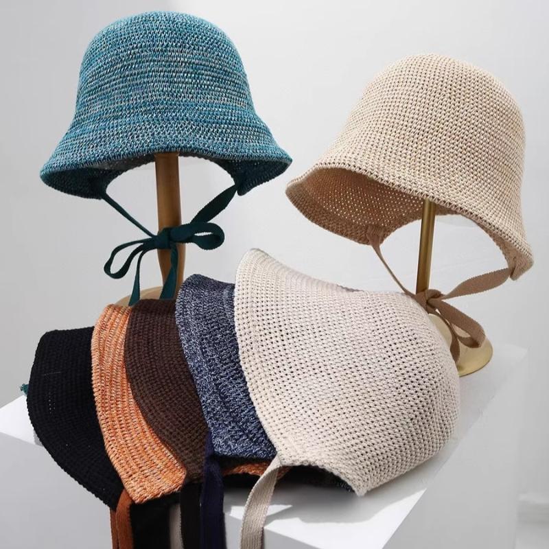 New Japanese Harajuku Lolita-Inspired Knit Bucket Hats Women Ribbon Bow Fisherman Caps Summer Lowy Tie Breathable Beach Sun Hat