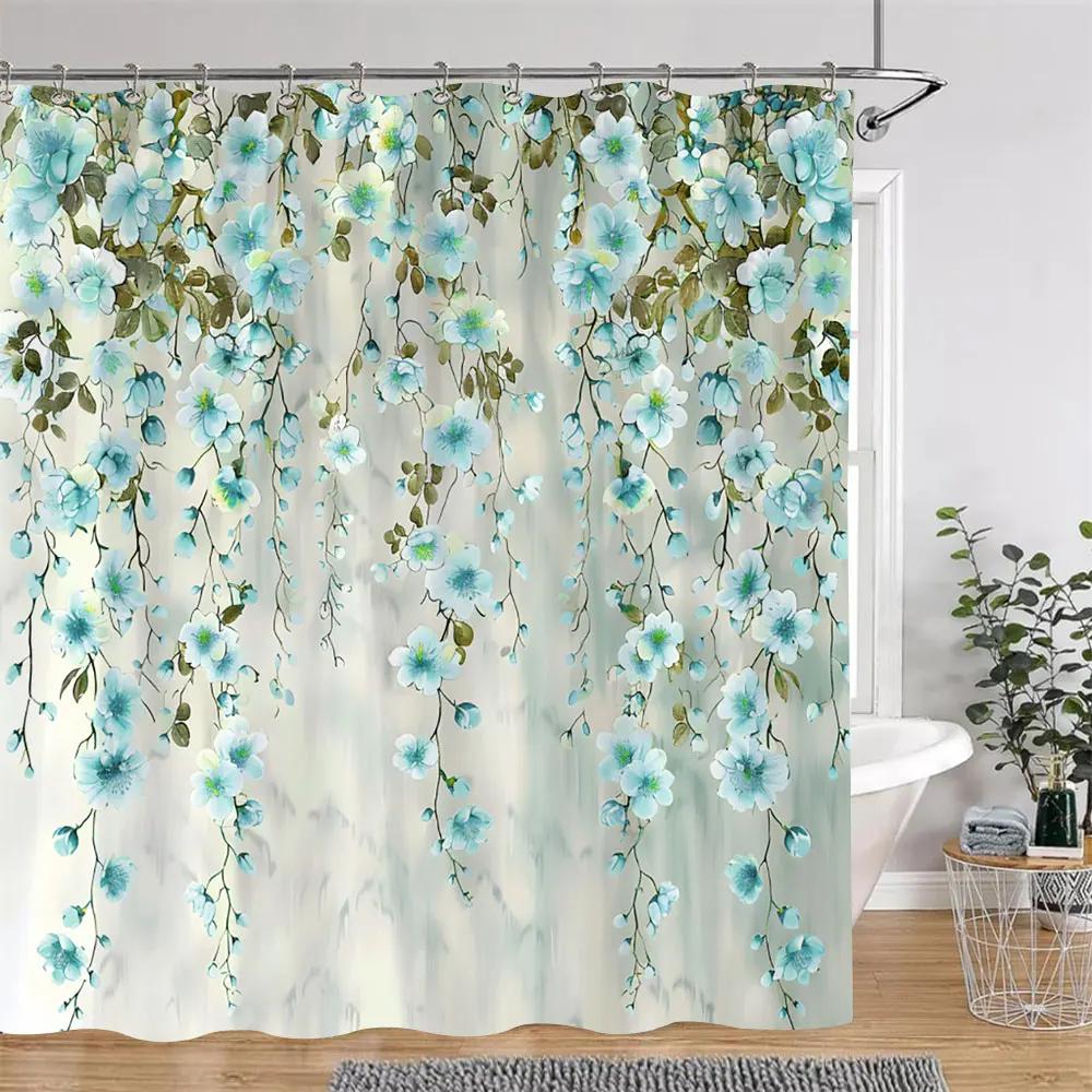 Watercolour Floral Print Shower Curtain Gorgeous Floral Rustic Flower Polyester Fabric Shower Curtains Bathroom Decor with Hooks
