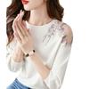 Seven Sleeve Lace Knit Top Autumn Women Fresh Floral Slim Round Neck Pullover Elegant