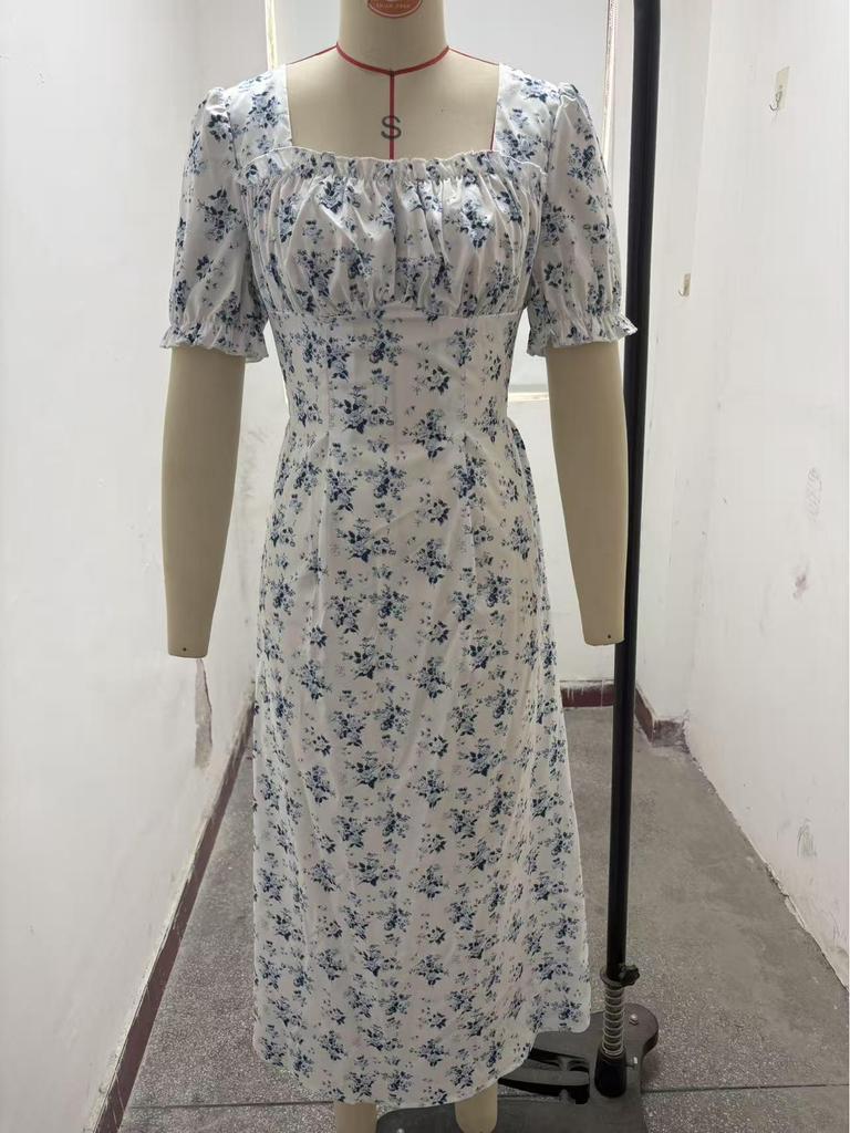 2026 Women's Summer Floral Print Puff Sleeve Square Neck Dress - French Style Holiday Tea Party Skirt
