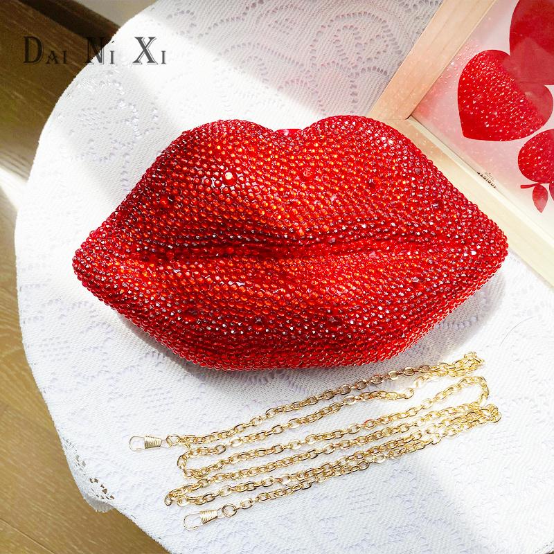 Dai Ni Xi Female Luxury Red Sexy Full Diamond Lips Shape Crystal Evening Bags Woman Clutches Wedding Evening Purse For Ladies