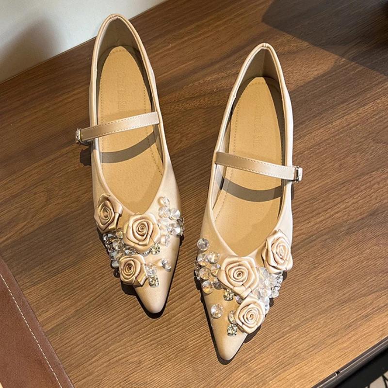 Zapatos Planos de Mujer con Punta Fina y Diseño de Flor de Marca de Moda, Casuales para Boda y Fiesta, Cómodos, Zapatos Mary Jane con Pedrería
