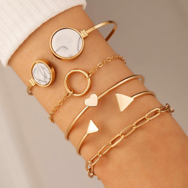 Jewelry, retro alloy love personalized bracelet set, geometric opening imitation gemstone bracelet wholesale