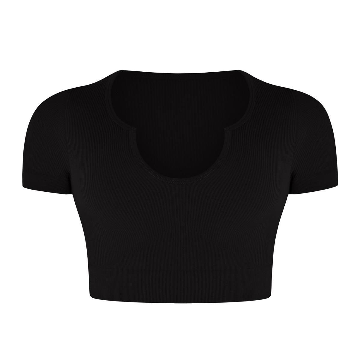 

Бесшовная вязаная женская дышащая футболка с коротким рукавом и U-образным вырезом, быстросохнущая, амортизирующая нить, для бега, фитнеса, йоги, женская футболка с коротким рукавом S