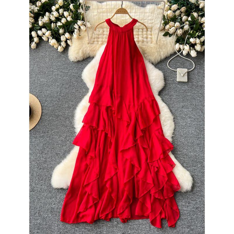 Seaside Holiday Dress Women's Pure Desire Atmosphere Halterneck Ruffles Chiffon Fairy Dress French Sleeveless Long Skirt