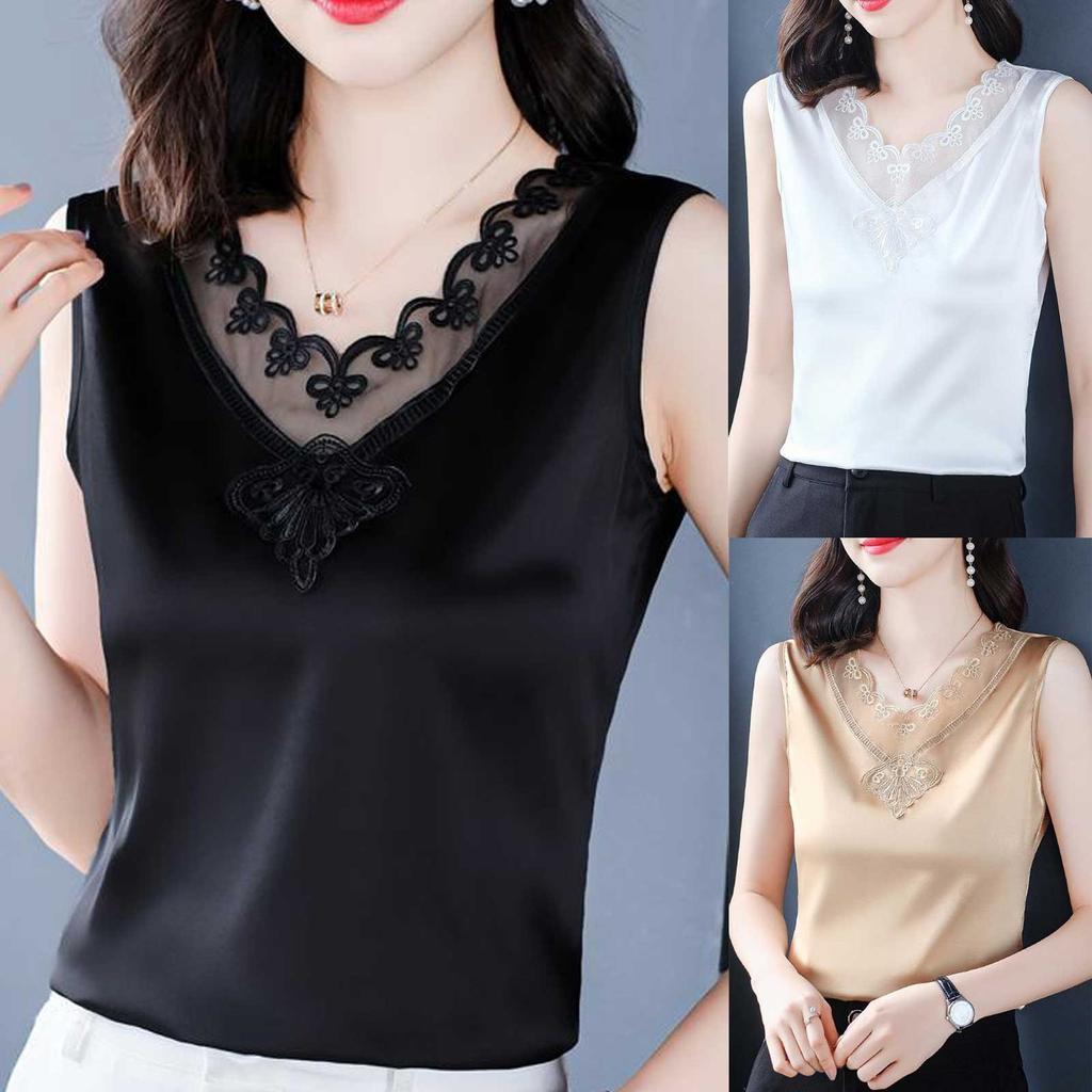 Buy Fashion Casual Women V-Neck Sleeveless Ladies Loose Lace Solid ...