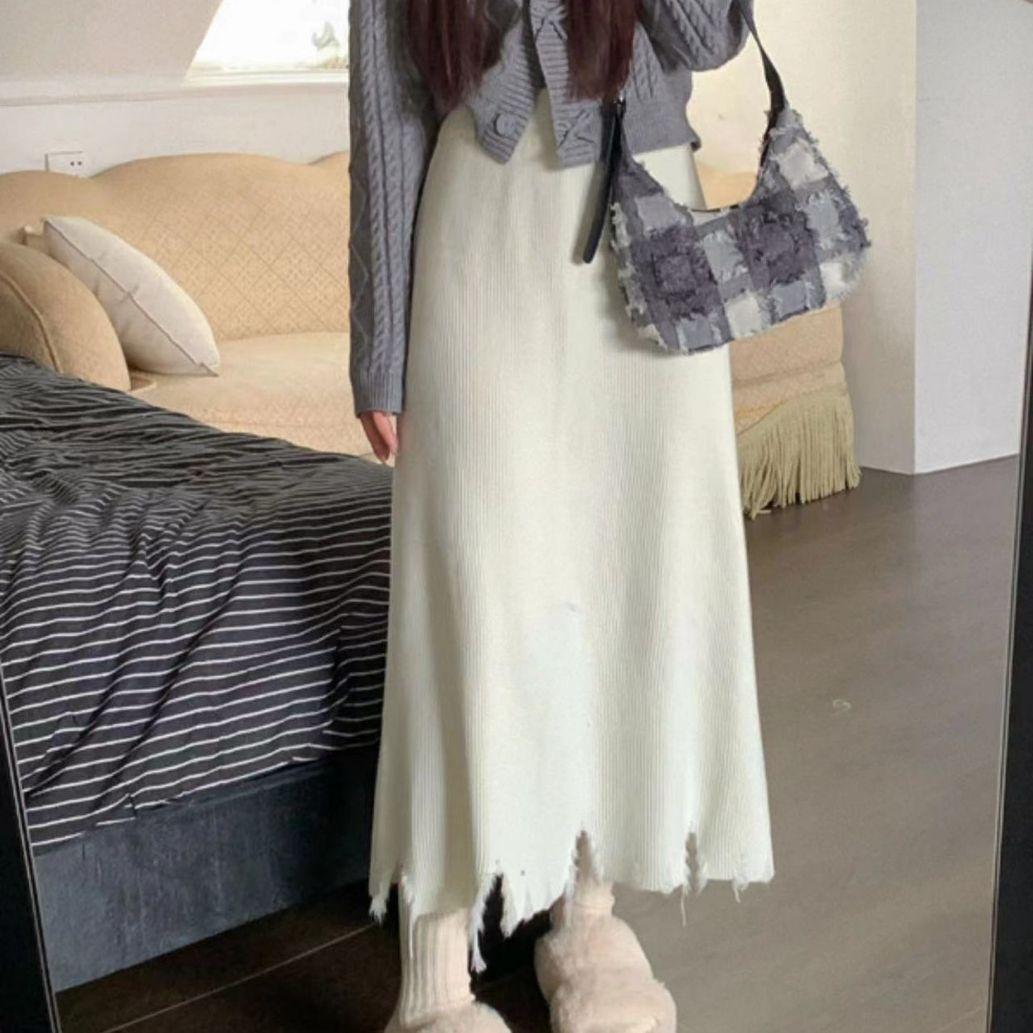 

Осень и Зима Новая Юбка с Разрезом Корейская Версия Нежная С Завышенной Талией Приталенная Плотной Вязки Юбка-Карандаш Миди One Size белый