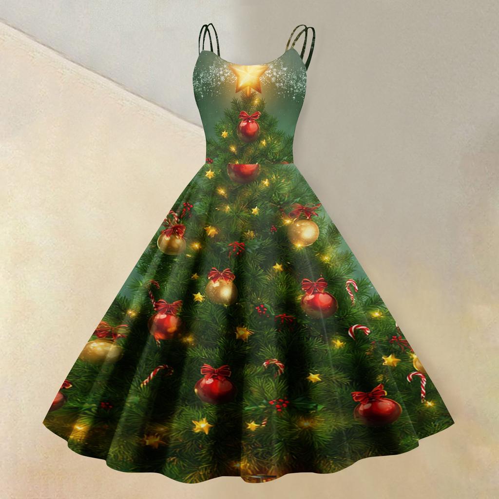 Women's Casual Sleeveless Round Neck Dress with Christmas Print for Holiday Party
