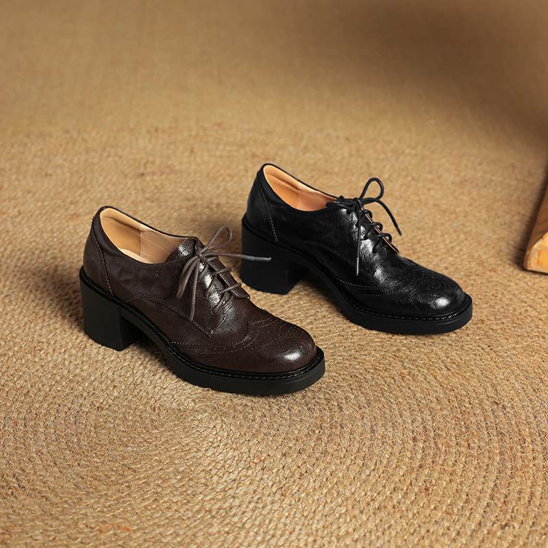 Krazing Pot Sheepskin Autumn Winter Shoes Lace Up Chunky Heels Oxford Shoes Size 43 Round Toe Deep Mouth Pumps