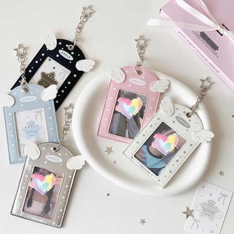 INS Sweet Aesthetic Kpop Photocard Holder for Girls Wings Keychain Schoolbag Charm Kawaii Displaying Photo Card Cover Case