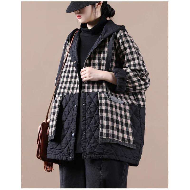 2024 Winter Fashion Padded Coats Chinese Womens Loose Hooded Warm Plaid Jackets Ladies Casual Vintage Luxury Outerwear
