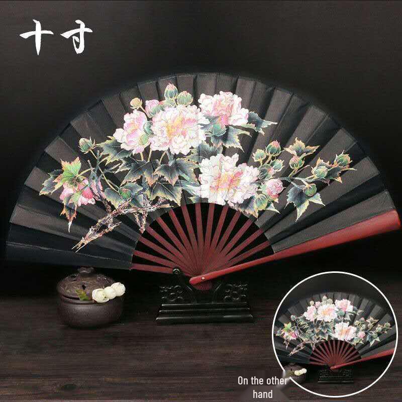 Traditional Chinese Silk Bamboo Folding Fan with Ink Landscape