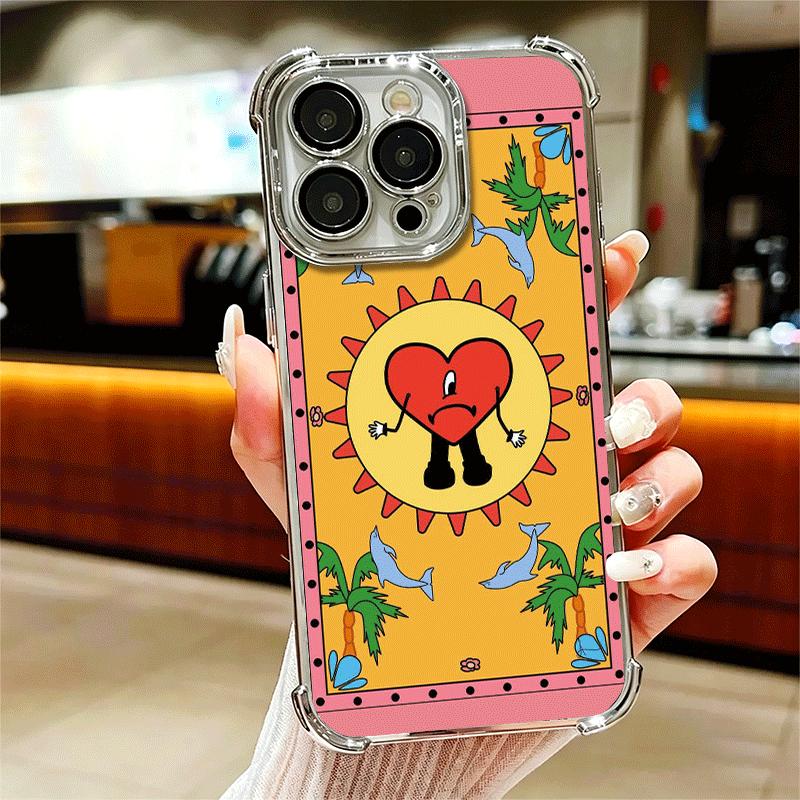 Bad Bunny Heart Plating Phone Case For Iphone 16 17 Pro Max Air 16E 14 15 Plus 12 13 Mini Anti-Fall Airabag Cover