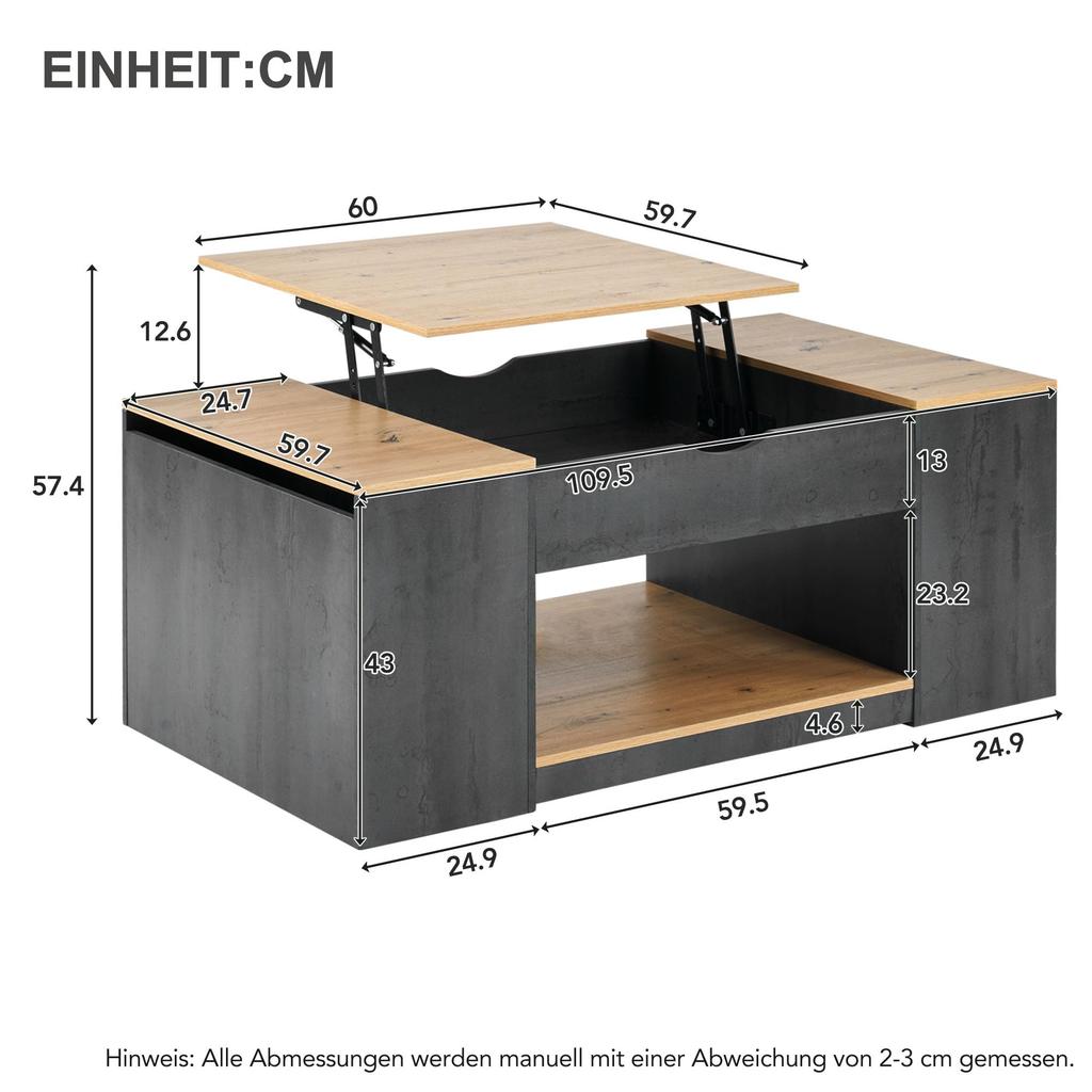 Couchtisch Kaffeetisch Offenes Fach, Versteckte Aufbewahrung, Hebbarer Tischplatte, Holz Sofatisch Beistelltisch Wohnung, Büro, Grau & Hellbraun