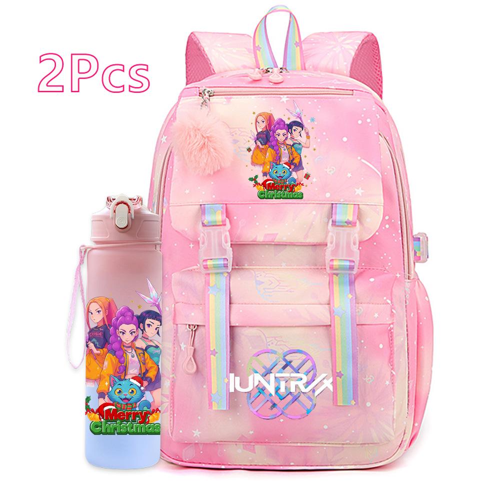 2Pcs/set Christmas K-pop Printed Backpack with 750Ml Water Bottler Large Capacity Travel Bag for Teenager Girl Boy Waterproof Bookbag Kid Gift Rucksak